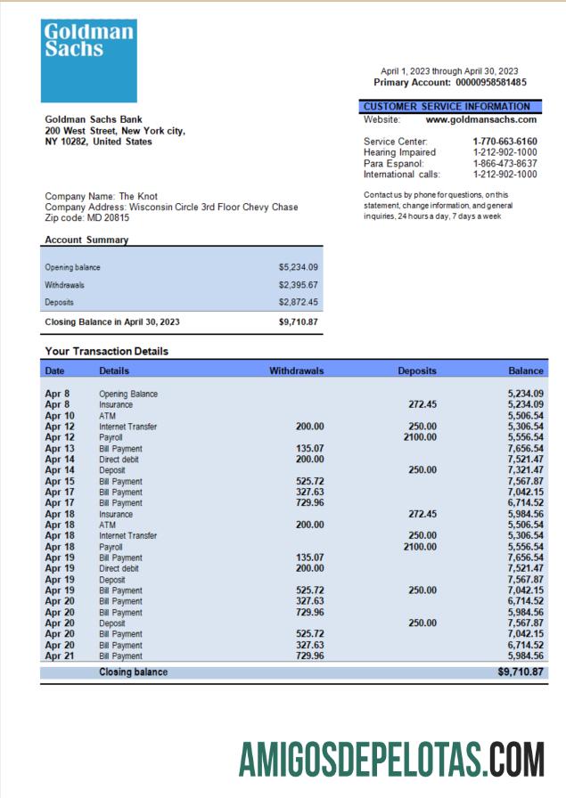 Imprimível Goldman Sachs Bank Organization modelo de extrato de conta Word e PDF